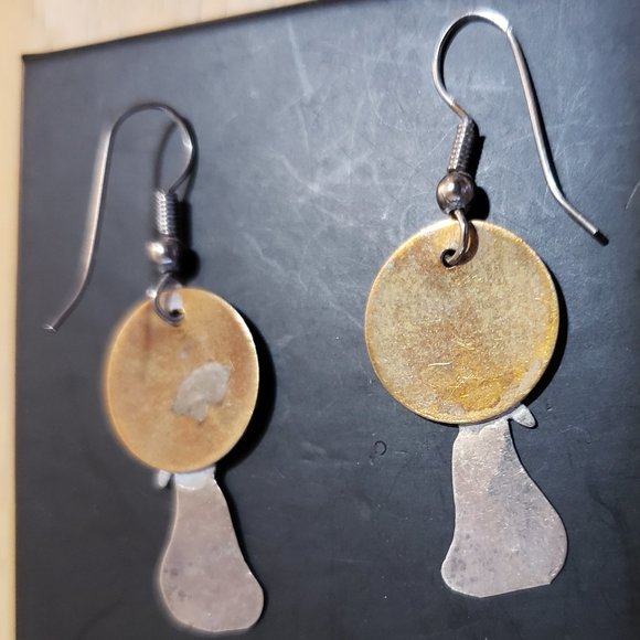 Metal Howling Coyote and Moon Earrings, Two-tone Metal, Southwest, - Picture 2 of 4